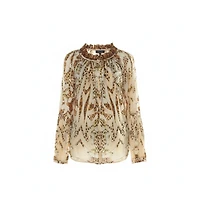 Pre-Owned Roberto Cavalli Women's Beige Leopard Printed Cotton Ruched Neckline Poet Blouse