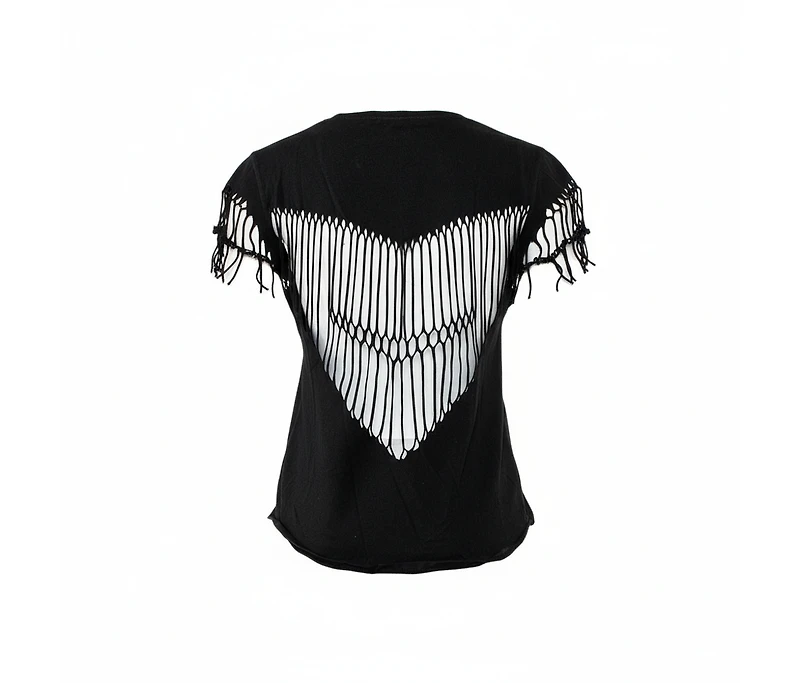 Pre-Owned Zadig & Voltaire Women's Black Cotton Scoop Neck Wanda Fringes T-Shirt