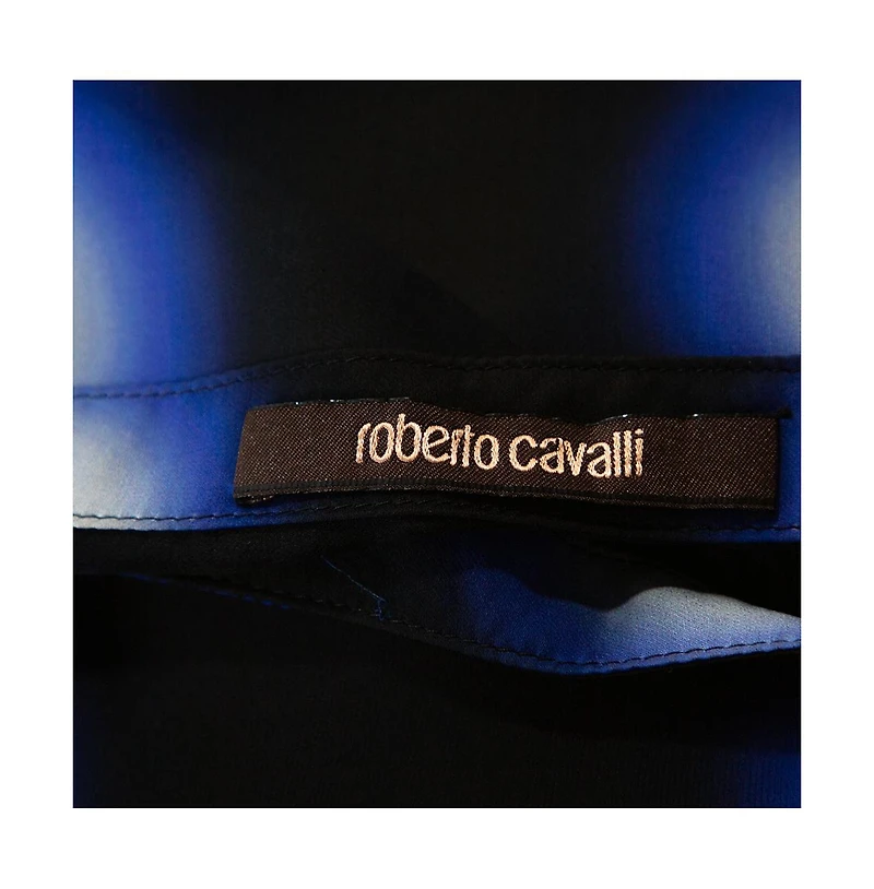 Pre-Owned Roberto Cavalli Women's Blue & Black Printed Silk Sheer Blouse