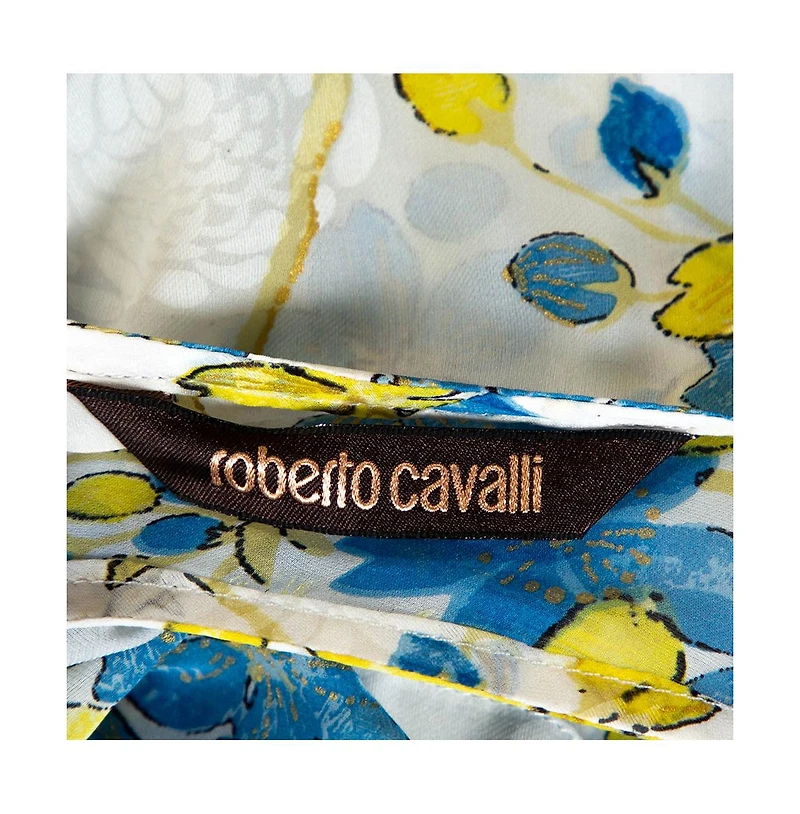 Pre-Owned Roberto Cavalli Women's Blue & White Floral Print Silk Sheer Kaftan Top