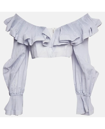 Pre-Owned Zimmermann Women's Blue Crepe Ruffled The Lovestruck Crop Top