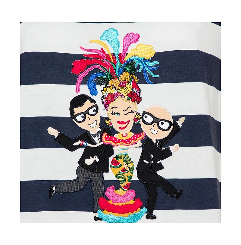 Pre-Owned Dolce & Gabbana Women's Striped Cotton Patch Detail Crewneck T-Shirt