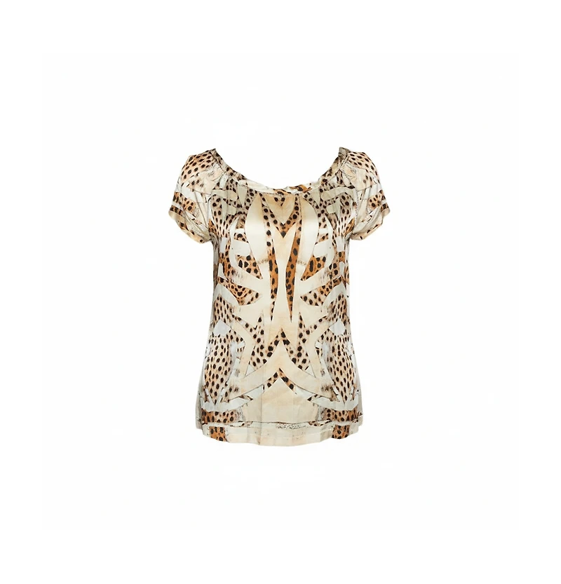 Pre-Owned Roberto Cavalli Women's Silk Leopard Print Short Sleeve Top