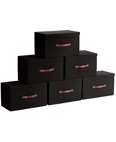 Ornavo Home 6 Pack Foldable Linen Storage Bin with Faux Leather Handles and Lid