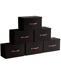 Ornavo Home 6 Pack Foldable Linen Storage Bin with Faux Leather Handles and Lid