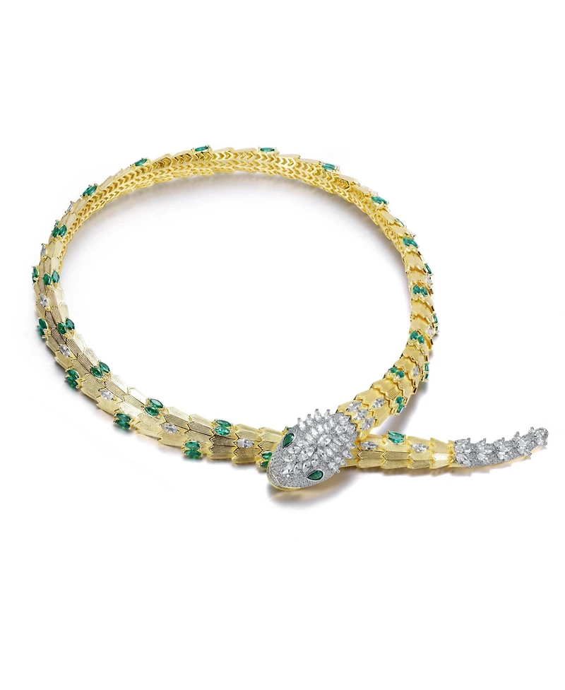Rachel Glauber 14K Gold Plated with Green Cubic Zirconia Snake-Inspired Collar Necklace