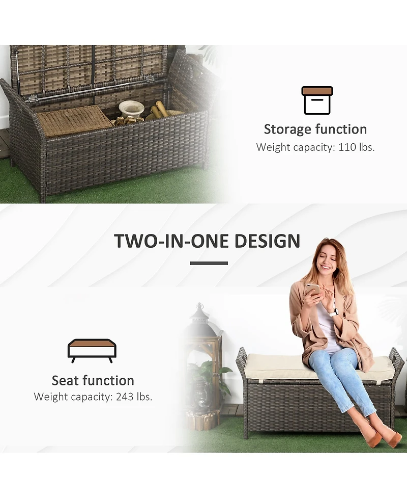 Outsunny 29 Gallon Outdoor Patio Wicker Storage Bench w/ Cushion
