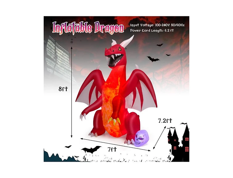 Mondawe 8 ft Halloween Inflatables Blow-up Red Dragon with Wings Skull
