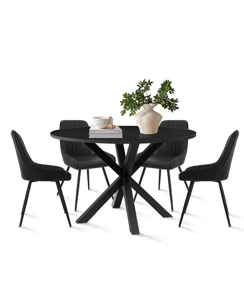 Maison Boucle Modern 5-Piece Faux Leather Dining Set, Round Black Table with Metal Base and Pu Chairs