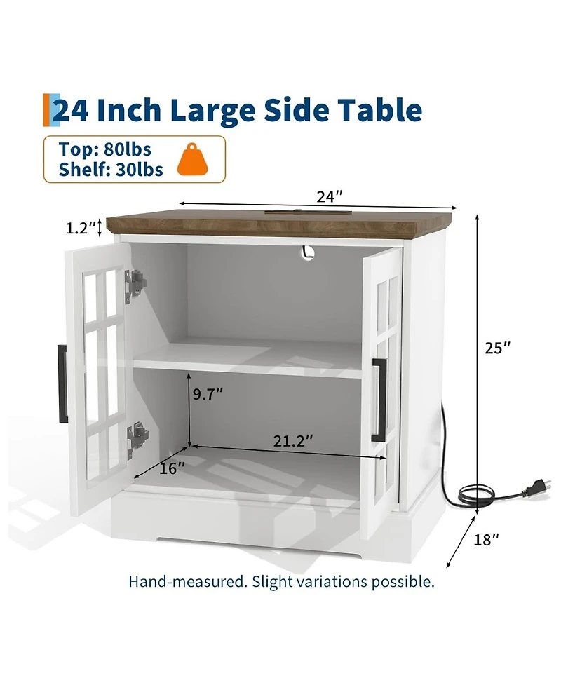 gaomon Farmhouse Nightstand with Charging Station, 24-Inch End Table with Tempered Glass Doors & Adjustable Shelf, Rustic Wood Sofa Side Table