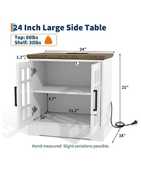 gaomon Farmhouse Nightstand with Charging Station, 24-Inch End Table with Tempered Glass Doors & Adjustable Shelf, Rustic Wood Sofa Side Table