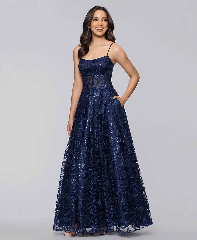 Blondie Nites Juniors' Bow Glitter Pattern Square Neck Ballgown