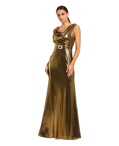 Mac Duggal Women's Metallic Sleeveless Cowl Neck Trumpet Gown with Belt