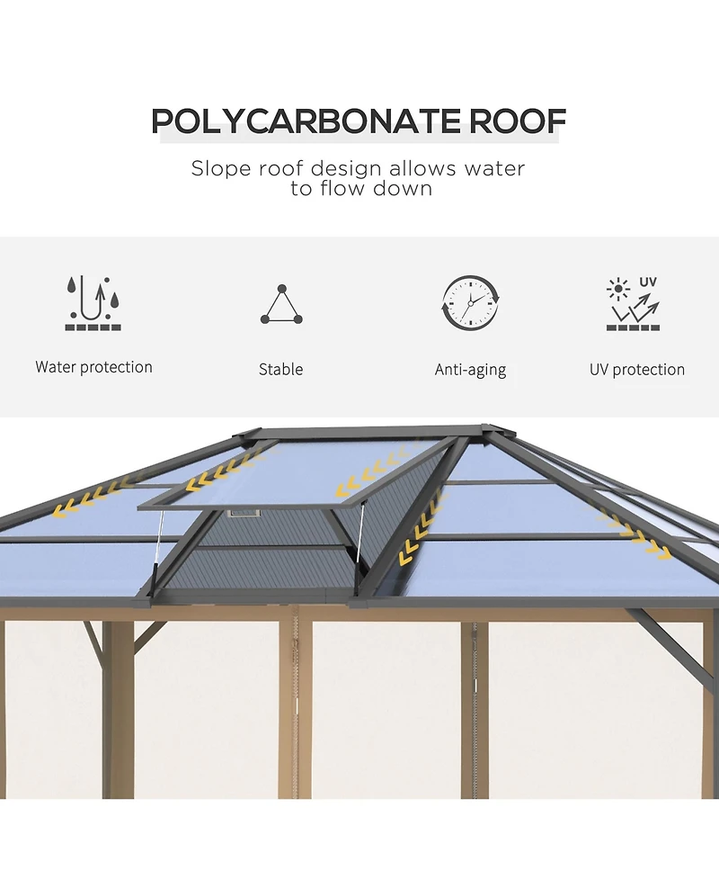 Outsunny 10' x 12' Hardtop Gazebo Canopy with Polycarbonate Roof, Top Vent and Aluminum Frame, Permanent Pavilion Outdoor Gazebo with Netting, for Pat
