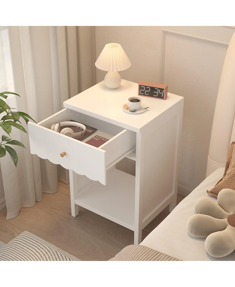 sumyeg Minimalist Scalloped Edge Nightstand with Drawer and Open Shelf in White