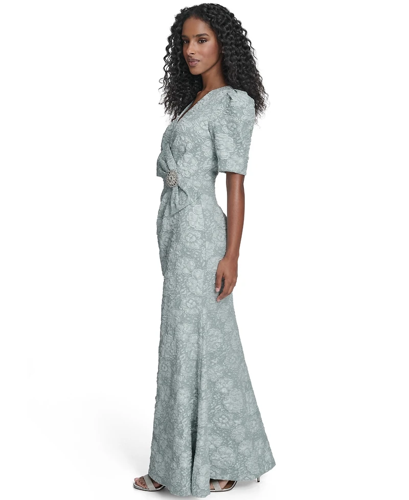 Jessica Howard Women's V-Neck Bow Detail Faux Wrap Gown