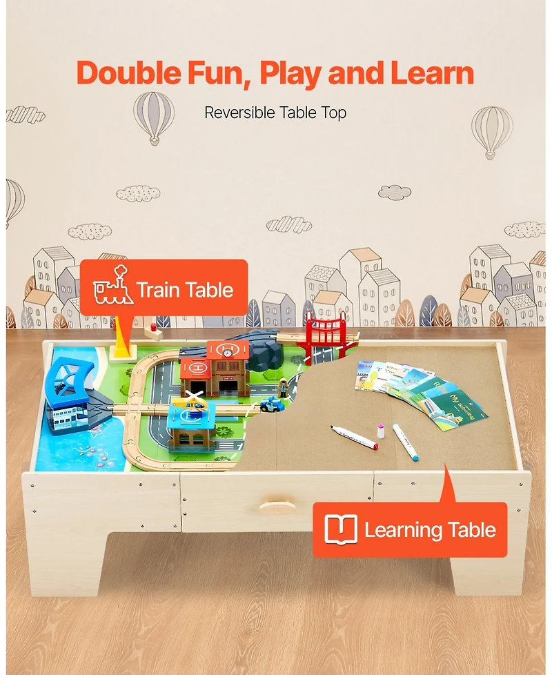 Mecale Train Table, 62 Pcs Wooden Activity Table with Large Drawer, 3-in-1 Train Set for Playing, Drawing & Reading, Toy for Kids 3