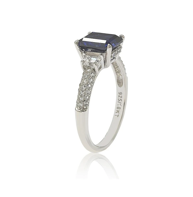 Suzy Levian Sterling Silver Sapphire & Created White Sapphire Emerald Cut Proposal Ring (8 mm