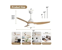 Sofucor 52-inch Modern White 3-Blade Ceiling Fan with Led Light and Remote Control