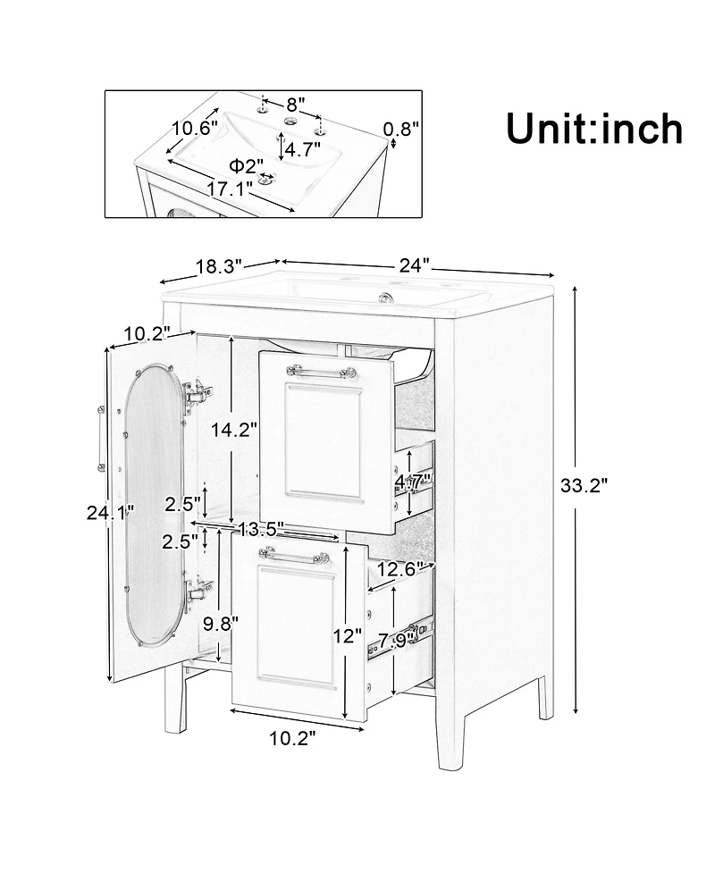 Casainc 24" Bathroom Vanity with Sink, 2 Drawers and Door, Adjustable Shelf