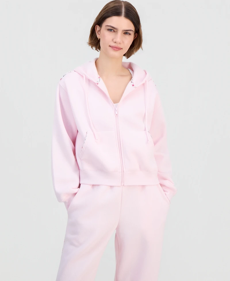 Madden Girl Juniors' Zip-Front Printed Pipping Drawstring Hoodie