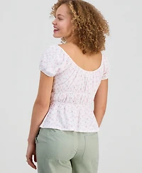 Hippie Rose Juniors' Printed Puff-Sleeve Peplum Peasant Top