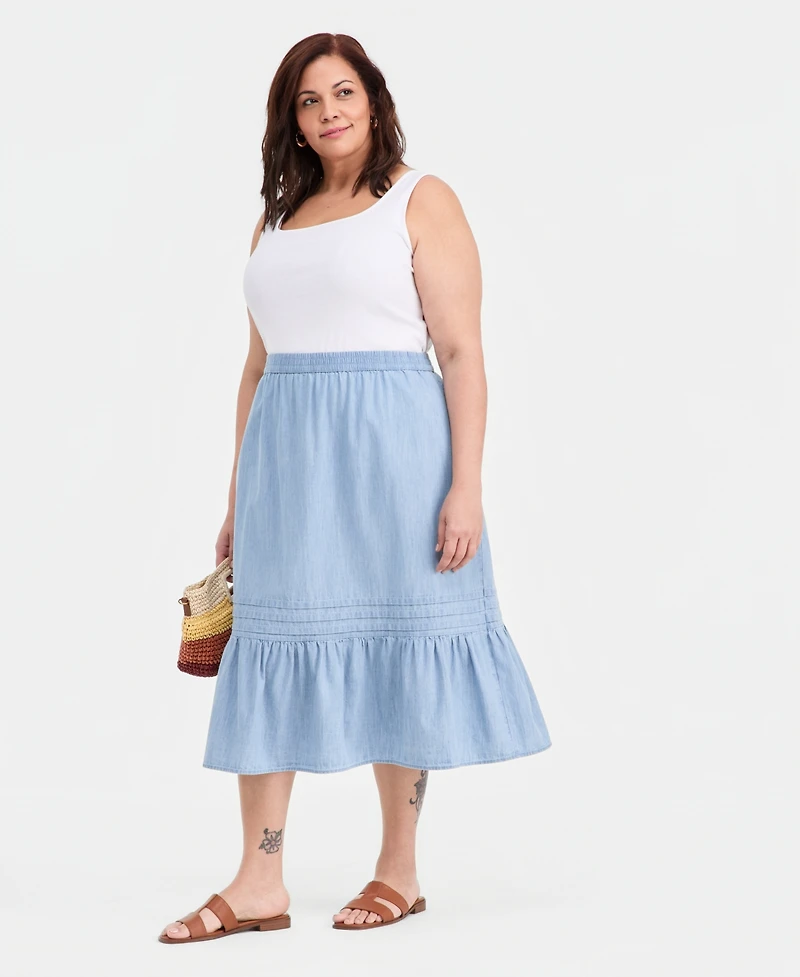 Style & Co Plus Size Cotton Chambray Pintucked Pull-On Skirt, Macy's Exclusive