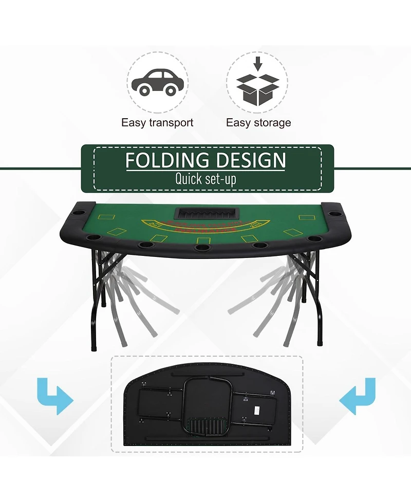 Rbied 72" Foldable Poker Table for 7 Players with Chip Tray and Cup Holders, Blue Mdf Blackjack Card Table with Padded Rails for Game Room-Rbied