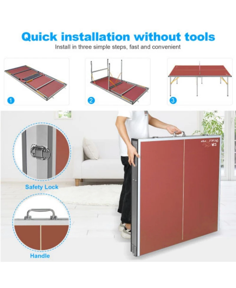 Rbied 6FT Foldable Red Mdf Ping Pong Table, Portable Table Tennis Table for Indoor Outdoor, Ping Pong Table Set with Net Paddles Balls