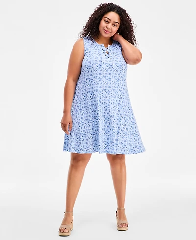 Style & Co Plus Floral-Print Lace-Up Dress, Macy's Exclusive