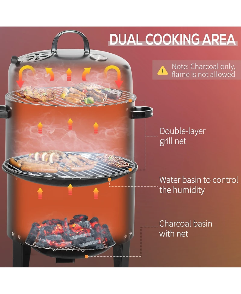Outsunny 3-In-1 Outdoor Charcoal Bbq Smoker and Grill with 2 Cooking Racks