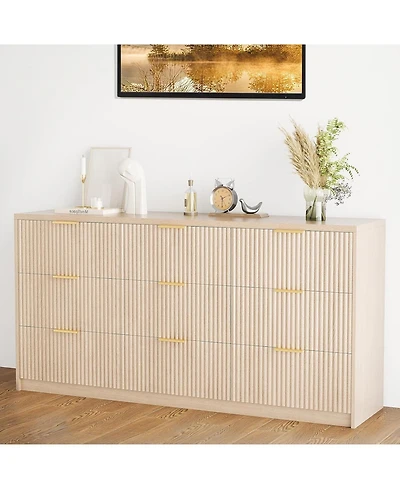 9 Drawer Fluted Dresser for Bedroom, 55" Wide Modern Chest of Drawers with Metal Handle, Fluted Wood Tv Stand, Modern Large Dresser, Natural Colo