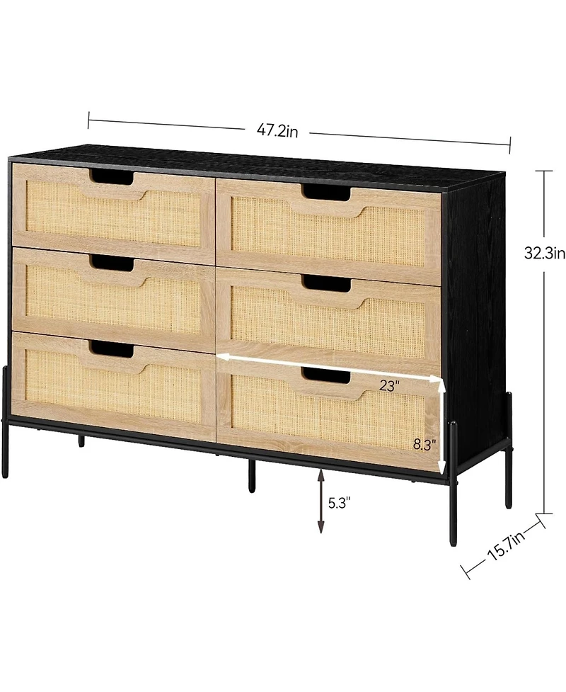 Gaomon 6-Drawer Rattan Dresser, Natural Woven Fronts with Solid Metal Legs