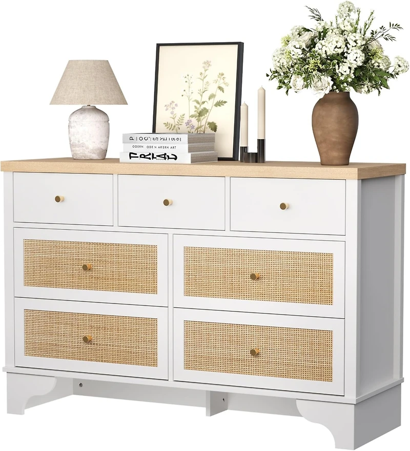 gaomon 47.3" Wide 7-Drawer Bedroom Dresser, Modern Wood Chest with Natural Rattan Drawers for Living Room, Hallway, or Entryway
