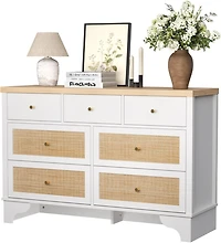 gaomon 47.3" Wide 7-Drawer Bedroom Dresser, Modern Wood Chest with Natural Rattan Drawers for Living Room, Hallway, or Entryway