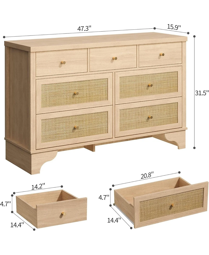 gaomon 47.3" Wide 7-Drawer Bedroom Dresser, Modern Wood Chest with Natural Rattan Drawers for Living Room, Hallway, or Entryway