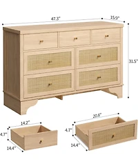 gaomon 47.3" Wide 7-Drawer Bedroom Dresser, Modern Wood Chest with Natural Rattan Drawers for Living Room, Hallway, or Entryway