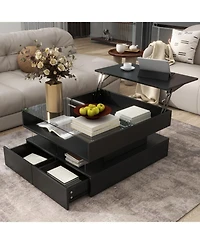 Streamdale Furniture Lift-Top Coffee Table w/ Drawers Glass Top & Led