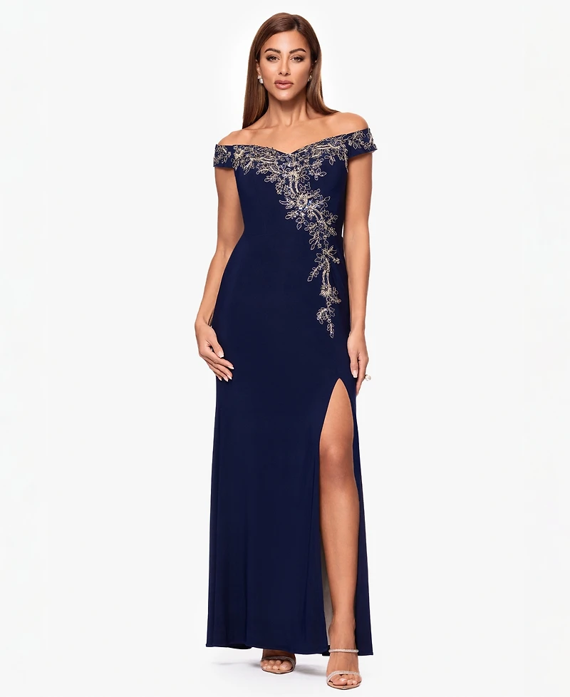 Xscape Women's Off-The-Shoulder Side Slit Ball Gown