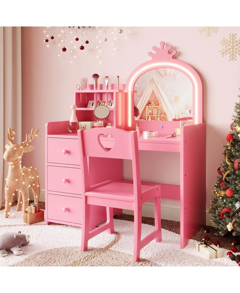 gaomon Kids Vanity Desk with Mirror and Lights, Wooden Makeup Chair, Storage Shelves Drawers, 2-in-1 Girls Dressing Table