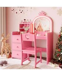 gaomon Kids Vanity Desk with Mirror and Lights, Wooden Makeup Chair, Storage Shelves Drawers, 2-in-1 Girls Dressing Table