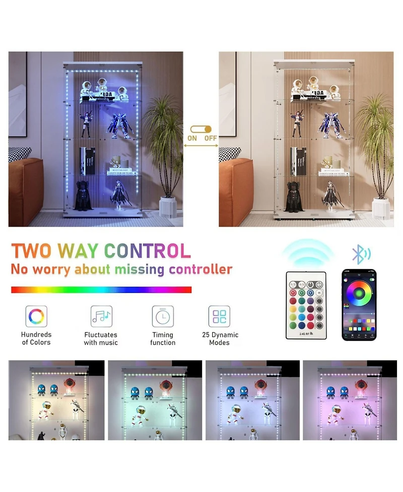 Lovmor Smart Led Glass Display Cabinet on Wheels 66 Tall Bluetooth Light White
