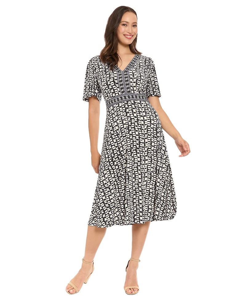 London Times Women's Framed V-Neck Flutter-Sleeve Flare Dress