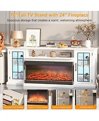 Gaomon 75" 3-Sided Glass Fireplace Tv Stand, Fits 85" Tv, Rustic Console with Led Lights & Glass Door Storage