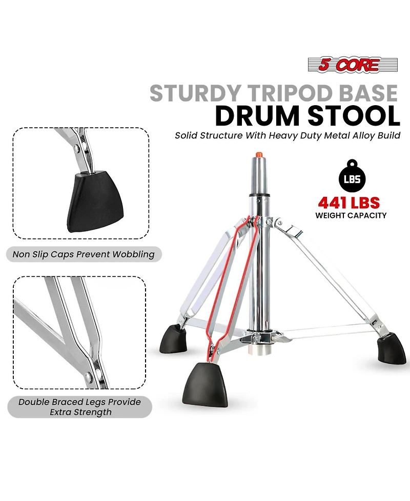 5 Core Drum Throne w Backrest 4" Padded Stool Airlift 25" Adjustable Drummer 441Lb Capacity