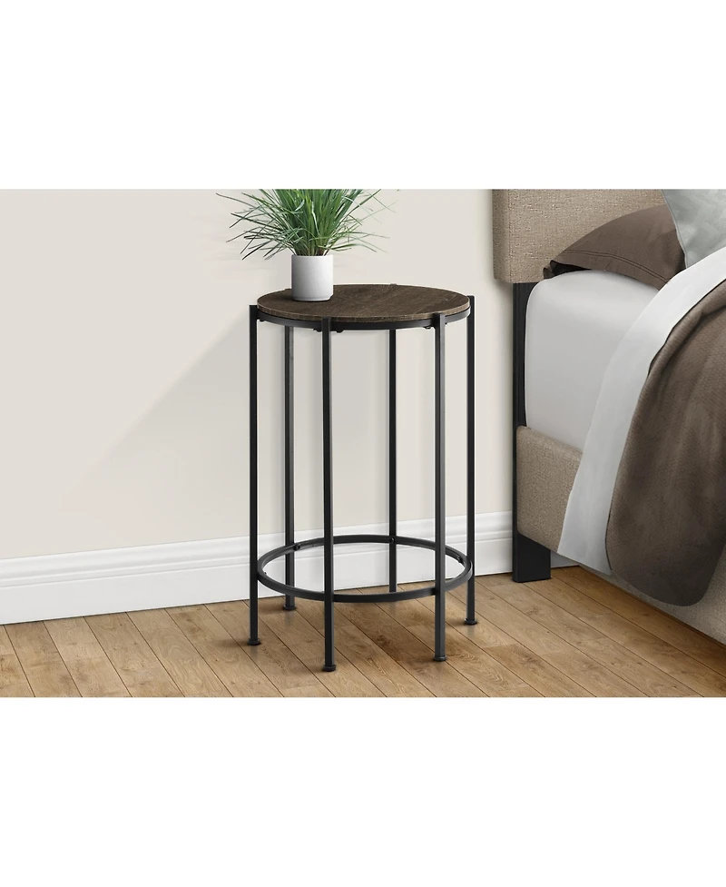 Lovmor Accent Table, End, Round, Side Table, Small, Lamp, Living Room, Bedroom, Nightstand, Dark Oak Laminate, Black Metal, Contemporary