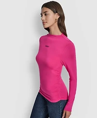 Dkny Jeans Women's Side Ruched High Neck Long Sleeve Top With Rhinestud Logo