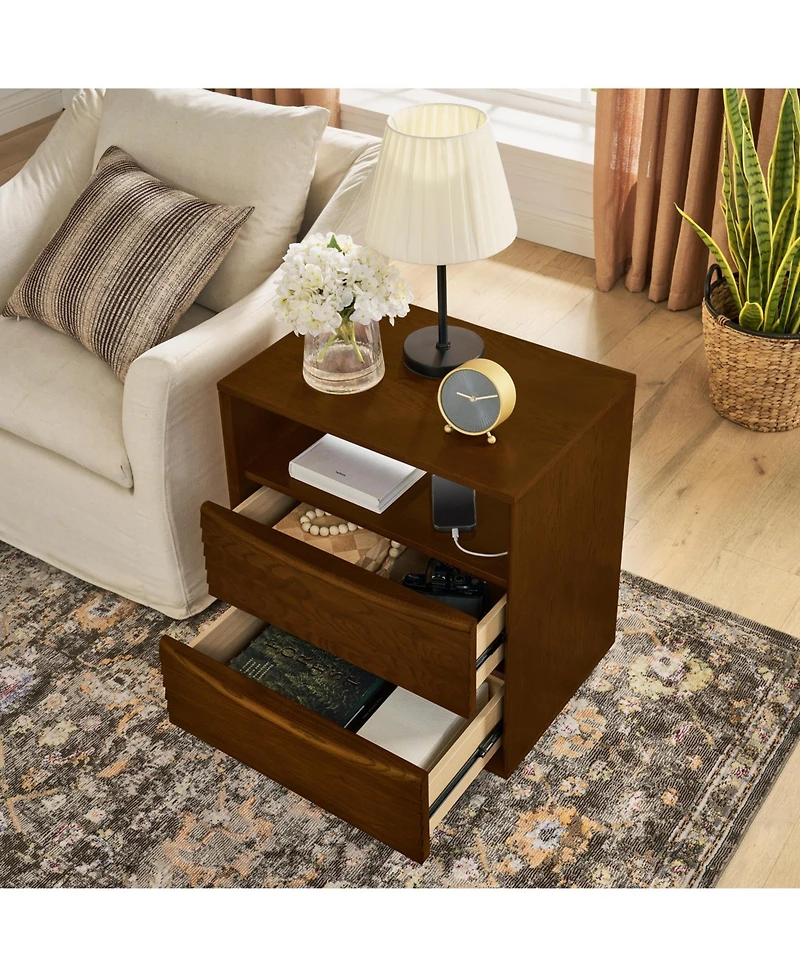 Lovmor Mid Century Nightstand 2 Drawers Usb Outlet Louver Wood Bedside End Table