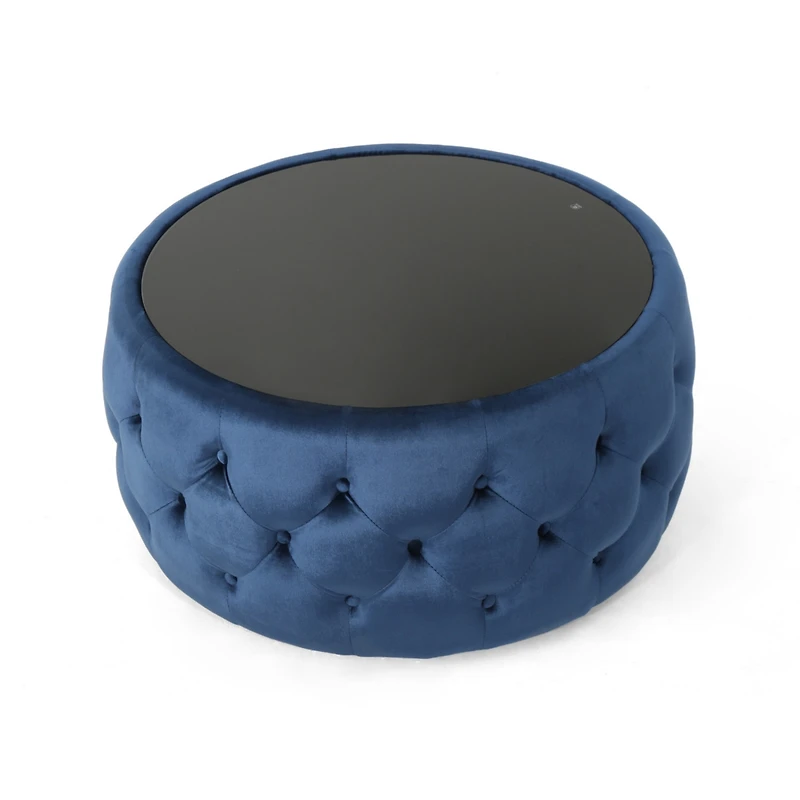 Simplie Fun Modern Glam Velvet Ottoman with Button-Tufted Stitch and Glass Top