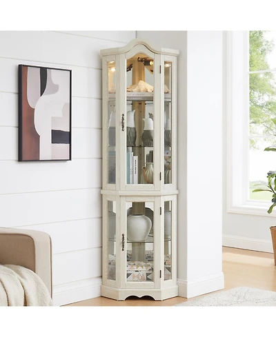 Streamdale Furniture Streamdale Lighted Corner Curio Cabinet with Glass Doors & Shelves - White